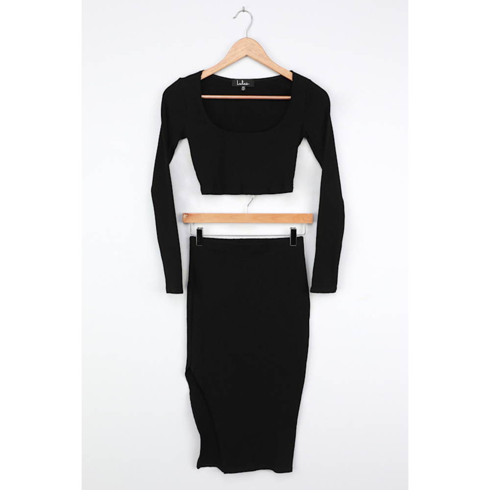 NWT Lulus Best Babe Black Ribbed Two-piece Skirt set, Size Small